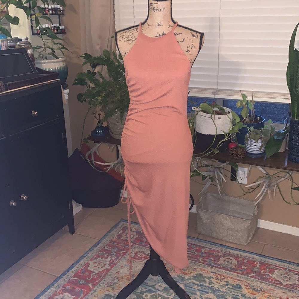Break the Rules Rusty Rose Ruched Asymmetrical Midi Dress by Lulus, size medium